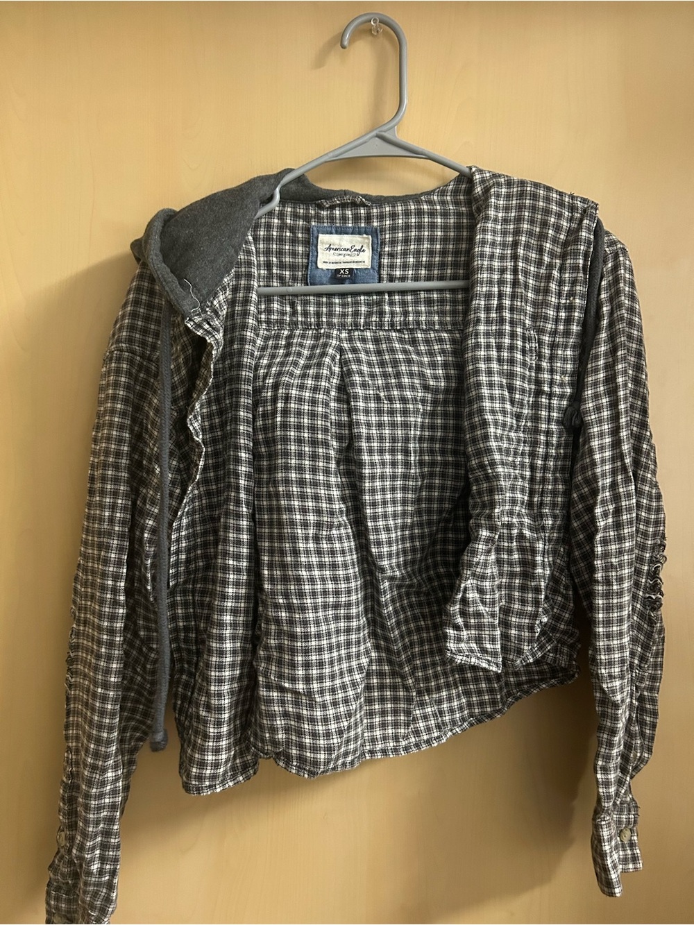 American Eagle Outfitters Gray Plaid Hooded Jean Jacket